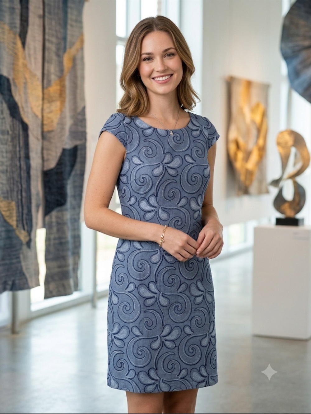 Lina Tomei Blue Embroidered Linen‎ Shift Dress With Pockets Size S